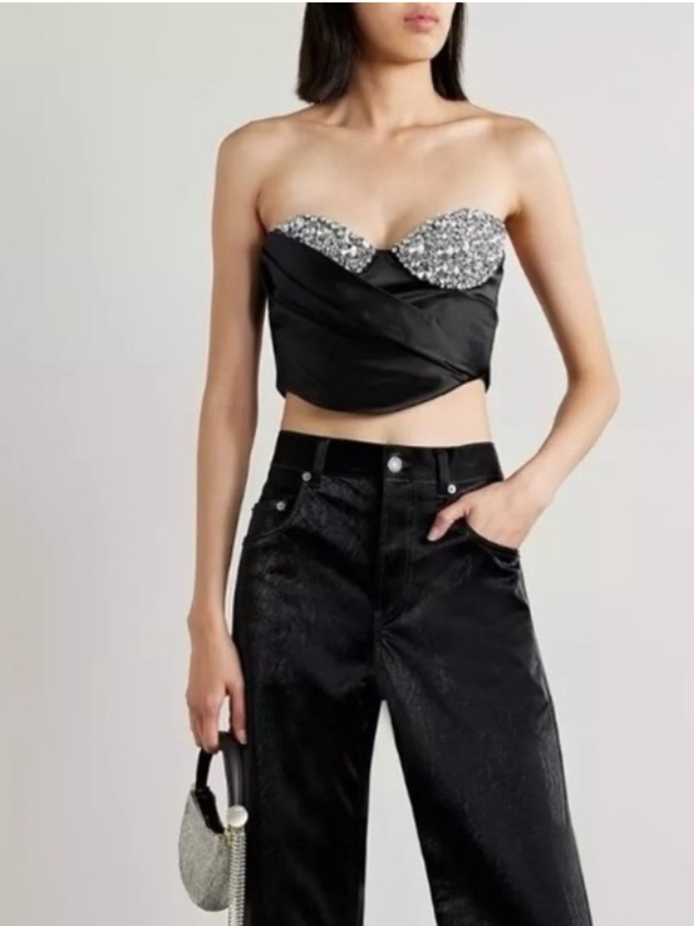 AREA Cropped Crystal Embellished Draped Satin BustierTop Size 8